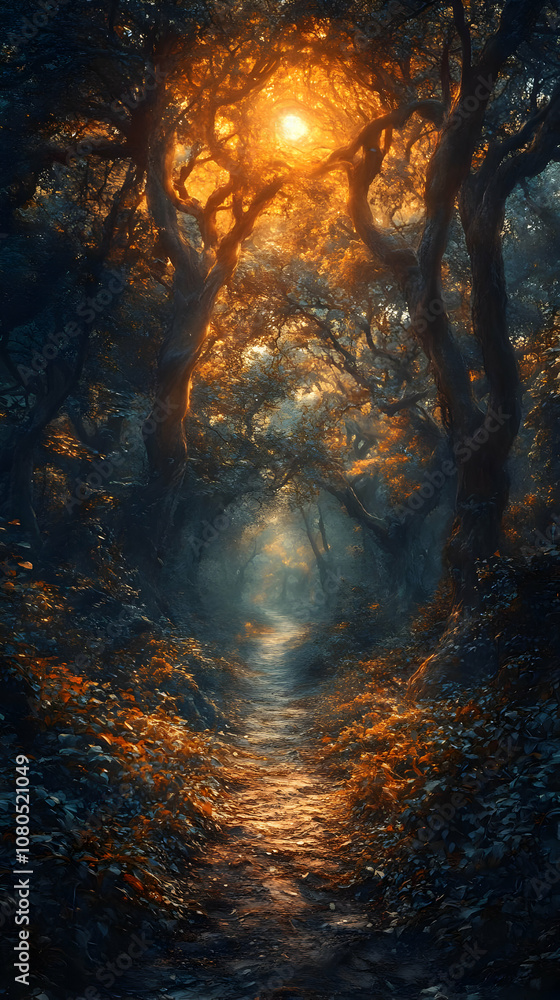 Illustration of Mystical Forest Path with Sunlight and Trees Illustration of Mystical Forest Path with Sunlight and Trees