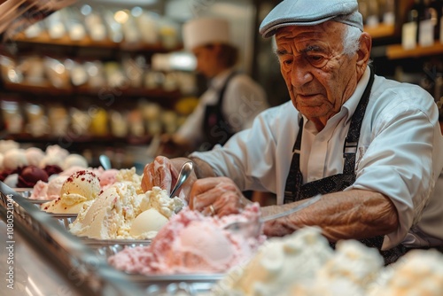 An elderly man with a gray cap meticulously scoops out colorful gelato flavors in a lively Italian ice cream shop, surrounded by various tins of delicious desserts and cheerful customers