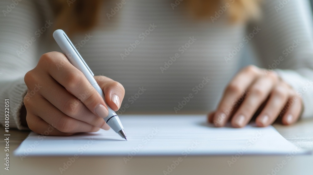 A person writes on a piece of paper using a pen, focusing intently on their task in a cozy indoor setting. A person writes on a piece of paper using a pen, focusing intently on their task in a cozy indoor setting.