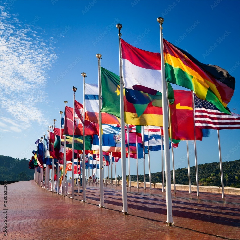 The flags are arranged in rows, each fluttering in the wind against a ...