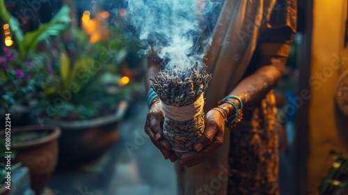 Wallpaper Mural Clear image of person holding burning sage in doorway garden background Torontodigital.ca