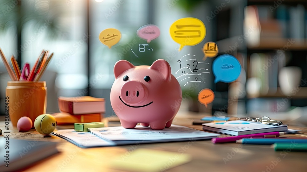 A cheerful piggy bank sits on a desk surrounded by colorful stationery and speech bubbles, symbolizing savings and financial planning in a bright workspace. A cheerful piggy bank sits on a desk surrounded by colorful stationery and speech bubbles, symbolizing savings and financial planning in a bright workspace.