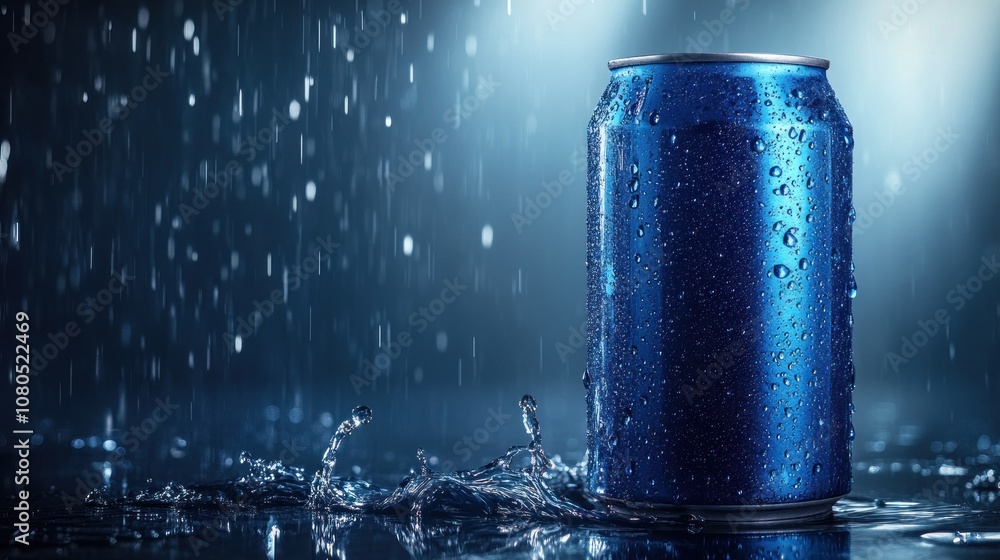 A cold, condensation-covered soda can in a rain-like setting, emphasizing refreshment. A cold, condensation-covered soda can in a rain-like setting, emphasizing refreshment.