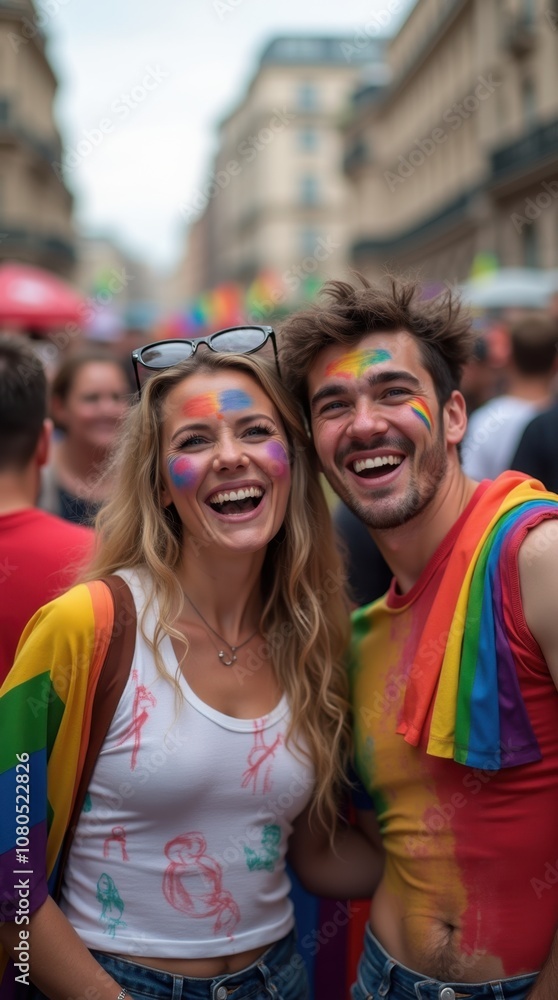 Fototapeta premium Joyful Couple Celebrating with Pride Flags and Face Paint