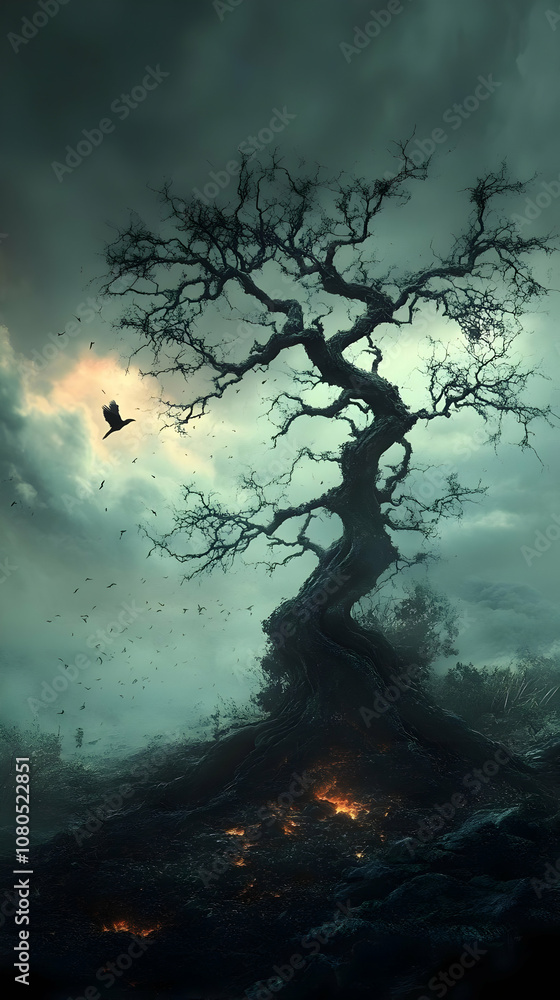 Illustration Dark Fantasy Tree, Crows, Fire, and Fog Illustration Dark Fantasy Tree, Crows, Fire, and Fog