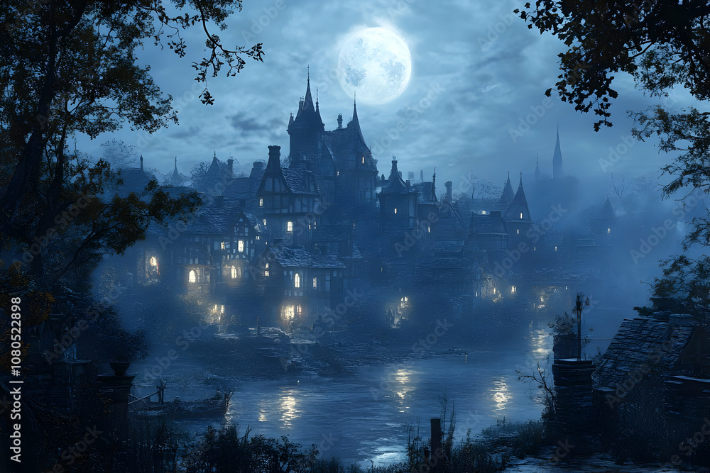 Illustration of Medieval Town by Moonlight Illustration of Medieval Town by Moonlight