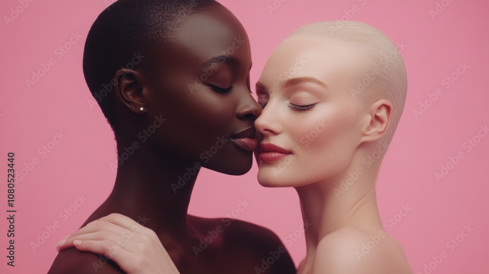 Two women with contrasting skin tones embracing against a pink backdrop. Two women with contrasting skin tones embracing against a pink backdrop.