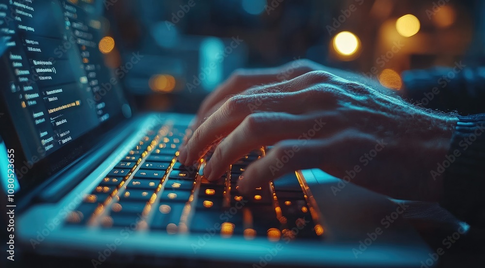 Close-up of hands typing on a laptop keyboard in a dimly lit room. Close-up of hands typing on a laptop keyboard in a dimly lit room.