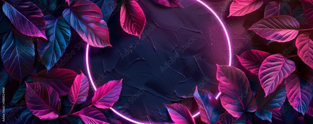 Pink neon circular frame with leaves on black background, in geometric shapes style, vibrant, playful, magenta and pastel pink. Pink neon circular frame with leaves on black background, in geometric shapes style, vibrant, playful, magenta and pastel pink.