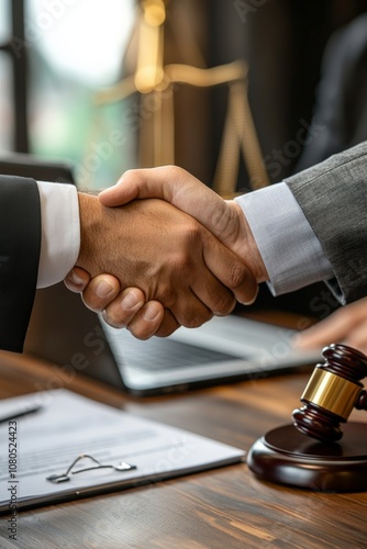 Lawyer and client shaking hands across a desk, sealing a legal agreement, with documents