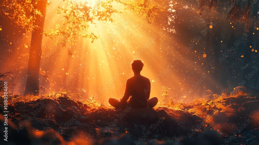 Person meditating in serene forest setting under gentle sunlight Person meditating in serene forest setting under gentle sunlight
