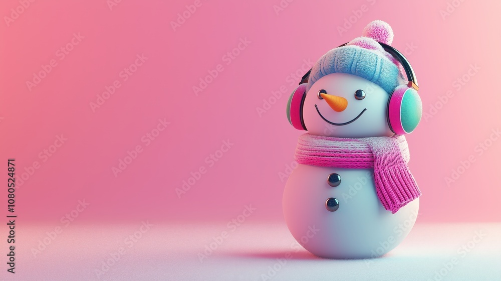 A 3D snowman character with colorful earmuffs and a scarf, with a snowy background and room for text on the right A 3D snowman character with colorful earmuffs and a scarf, with a snowy background and room for text on the right