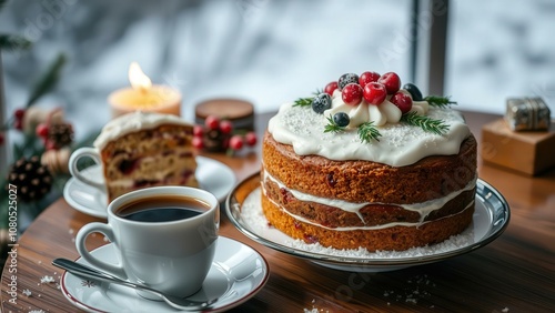 Delightful Christmas Cake and Coffee Set-Up: Perfect for Festive Celebrations, Cozy Mornings, or Holiday Gifts