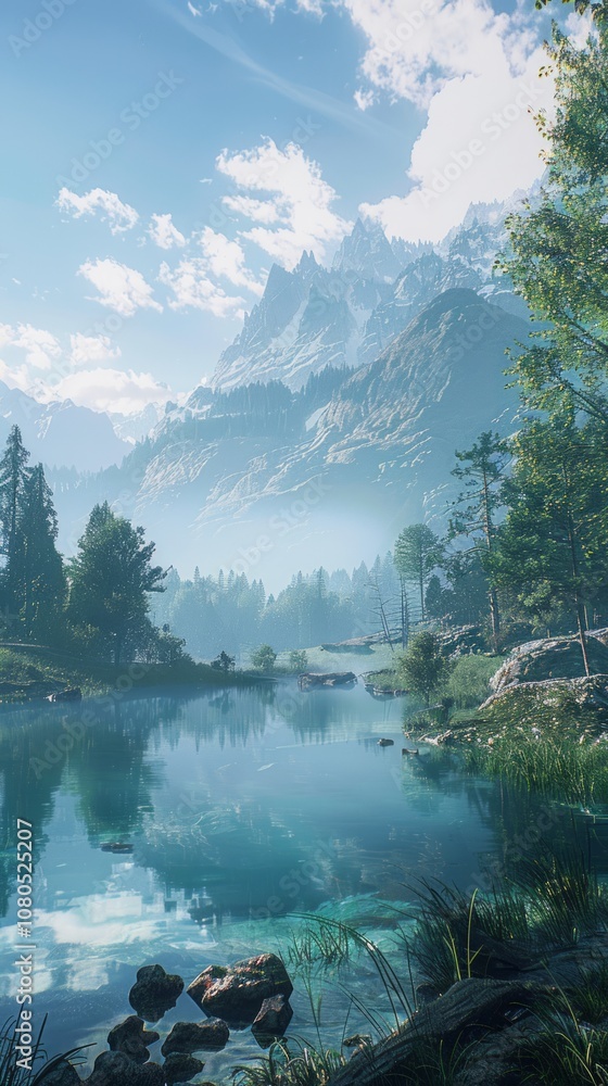 Serene lake surrounded by mountains and trees, 4K hyperrealistic photo Serene lake surrounded by mountains and trees, 4K hyperrealistic photo