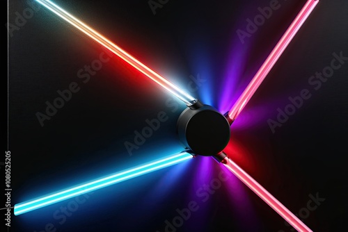 3D Neon Beam Rotating Left with Shimmering Lights on Black Background photo