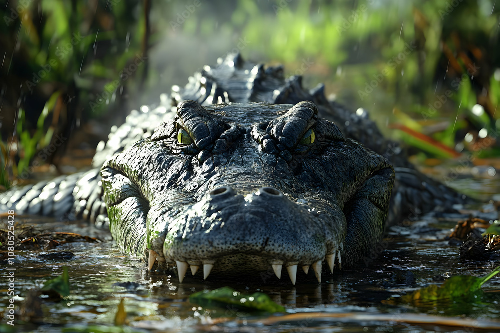 Obraz premium Realistic Image - Menacing Alligator Lurking in Lush Swamp
