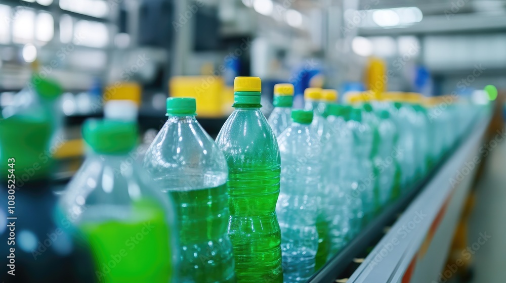 Close-up of plastic bottles moving on conveyor in recycling plant Close-up of plastic bottles moving on conveyor in recycling plant