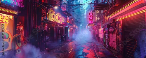 Cyberpunk alleyway with neon graffiti and steam rising from vents, 4K illustration.