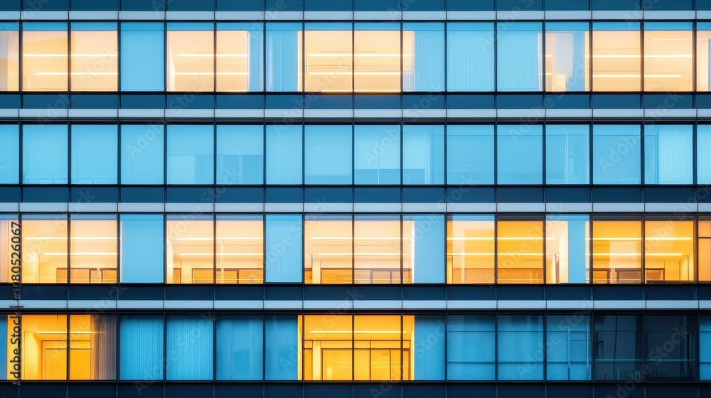 A modern building facade featuring a grid of illuminated windows, showcasing a blend of blue and warm light in a contemporary architectural style. A modern building facade featuring a grid of illuminated windows, showcasing a blend of blue and warm light in a contemporary architectural style.
