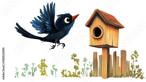 a 2D cartoon illustration of a bird landing on a birdhouse, cheerful and lively, white background--ar 16:9 photo