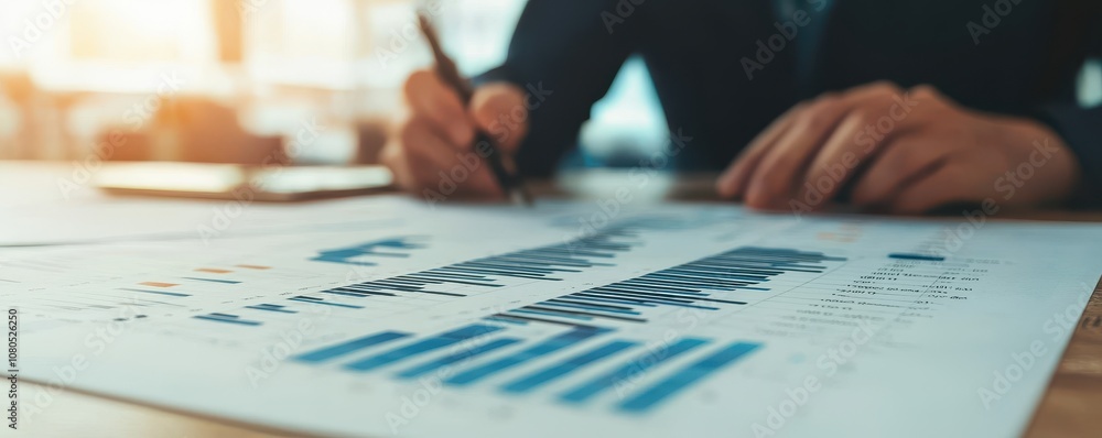 A person analyzes financial charts and graphs, taking notes and making observations on a desk with a smartphone in the background. A person analyzes financial charts and graphs, taking notes and making observations on a desk with a smartphone in the background.
