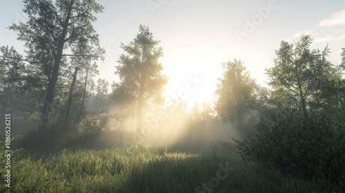 Wallpaper Mural A misty forest clearing at sunrise with the sunbeams illuminating the foliage. Torontodigital.ca