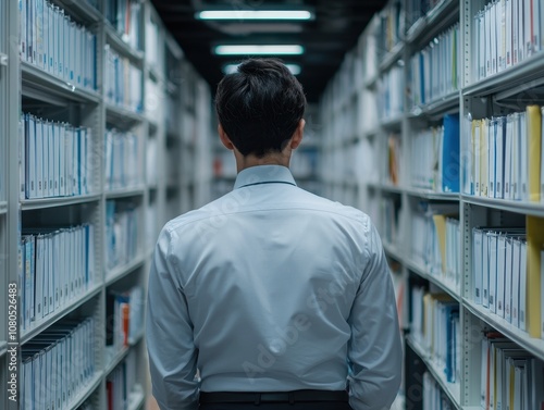 A person stands between rows of files in a dimly lit library, highlighting the theme of research, organization, and information retrieval.