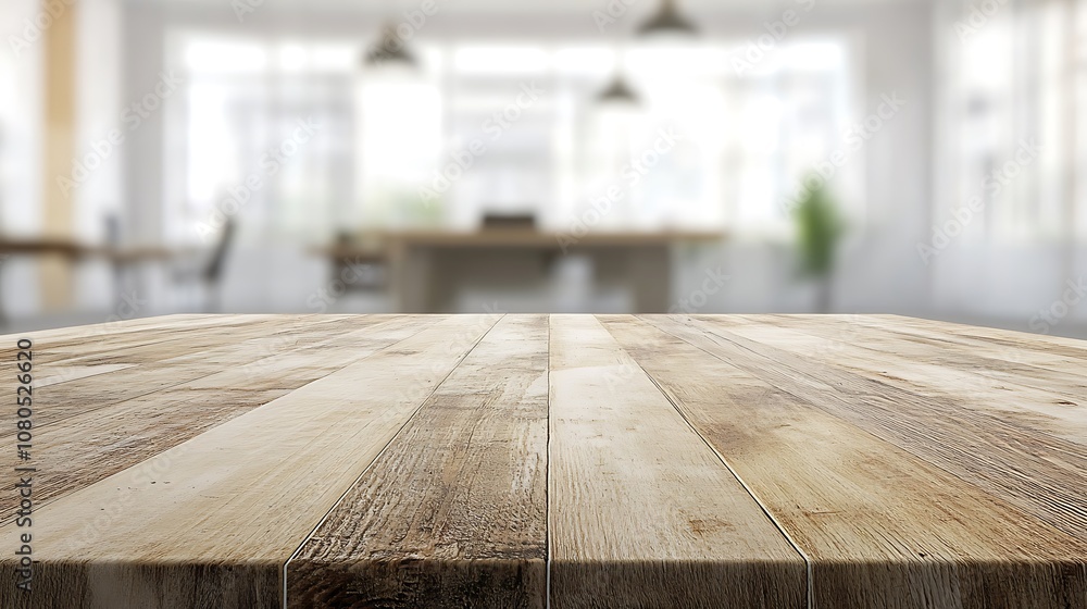 A wooden table in a modern office setting with natural light and minimalistic decor. A wooden table in a modern office setting with natural light and minimalistic decor.