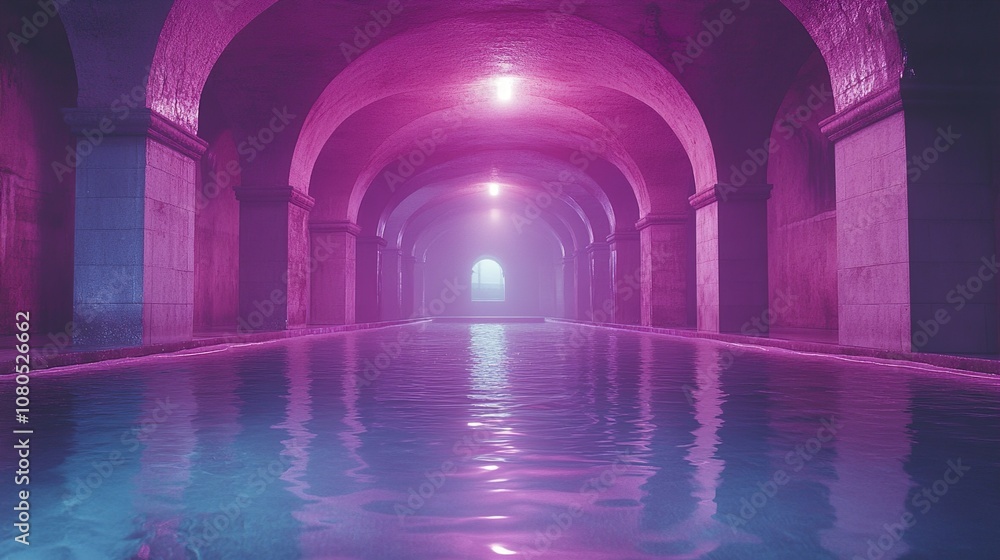 Pink Lit Hallway With Water Reflection - Futuristic Architecture Pink Lit Hallway With Water Reflection - Futuristic Architecture