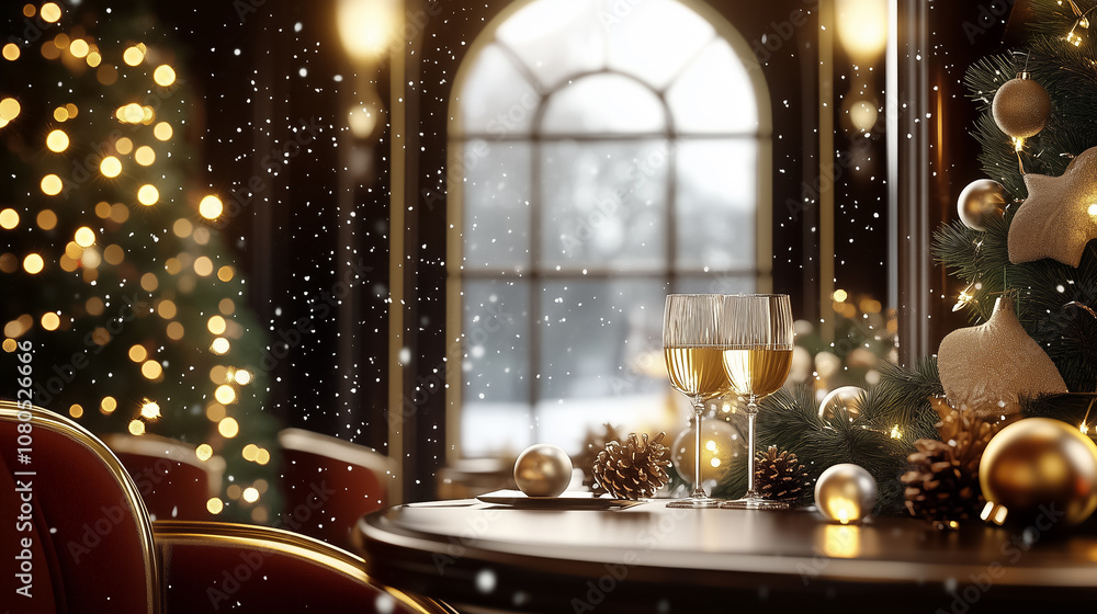 A cozy atmosphere with Christmas decor, twinkling lights, and two festive drinks on a wooden table A cozy atmosphere with Christmas decor, twinkling lights, and two festive drinks on a wooden table