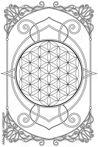 Luxury sacred geometry flower of life art nouveau style illustration. Tarot deck design. Romantic esoteric vector art.