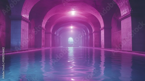 Pink Lit Hallway With Water Reflection - Futuristic Architecture