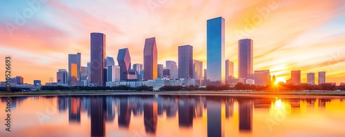 Dramatic backlit cityscape at sunset, towering skyscrapers reflect the fiery orange hues, vibrant and dynamic urban scene photo