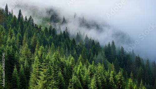 evergreen coniferous forest covered by fog on mountain side