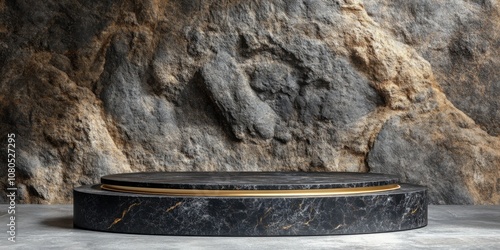 Close up podium near stone wall in black and golden colors photo