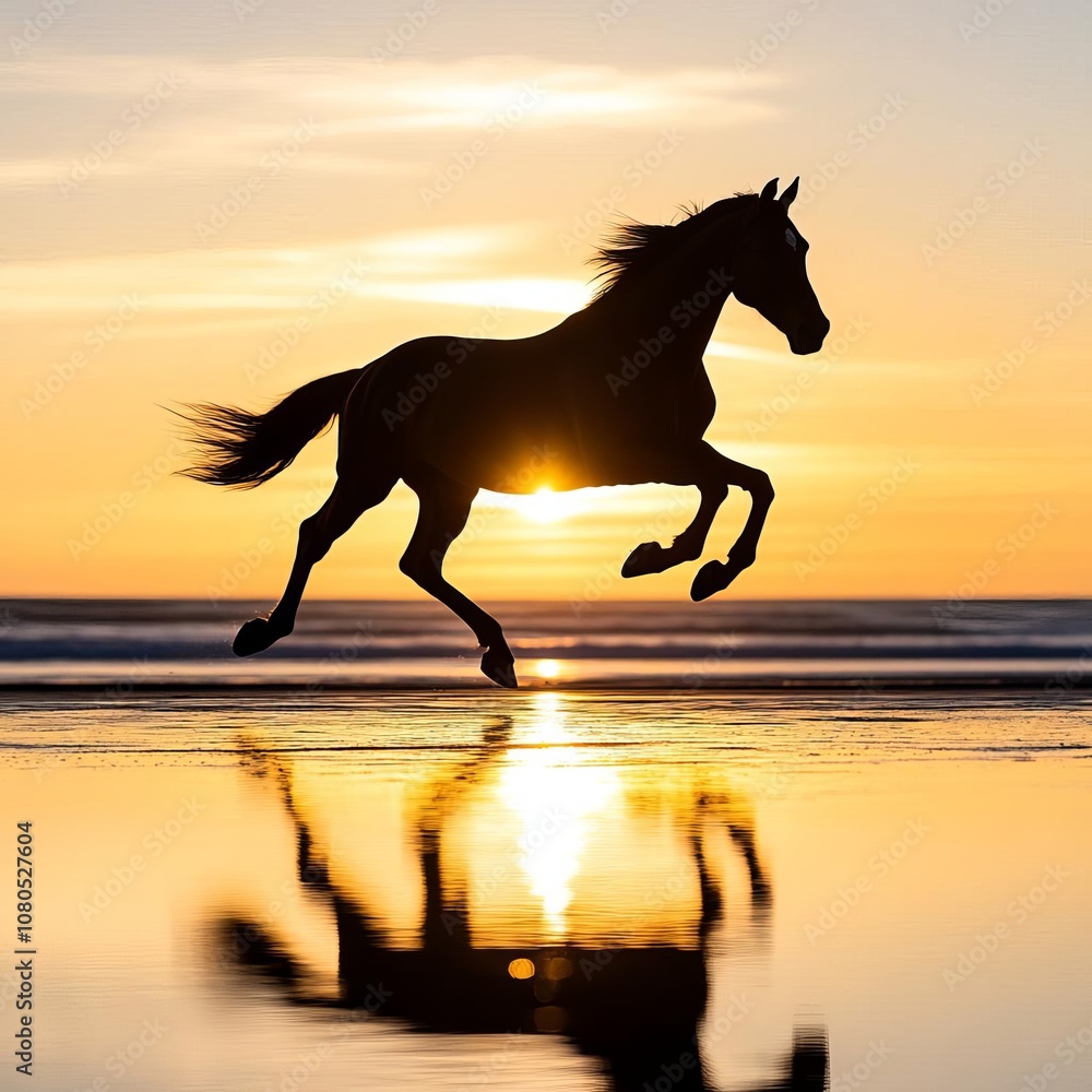 Silhouette of a horse running on a reflective beach, backlit by the golden sunset, creating a wild and free-spirited mood Silhouette of a horse running on a reflective beach, backlit by the golden sunset, creating a wild and free-spirited mood