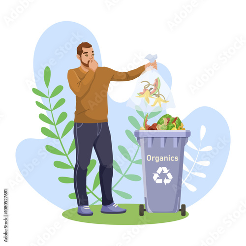 A man holds a bag of organic waste over a recycling bin on a soft background. Vector illustration