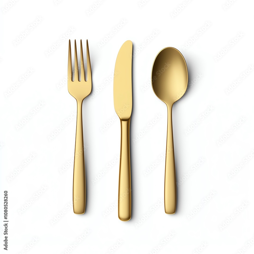 Elegant golden cutlery set, including a fork, knife, and spoon, perfect for upscale dining and gourmet experiences. Elegant golden cutlery set, including a fork, knife, and spoon, perfect for upscale dining and gourmet experiences.