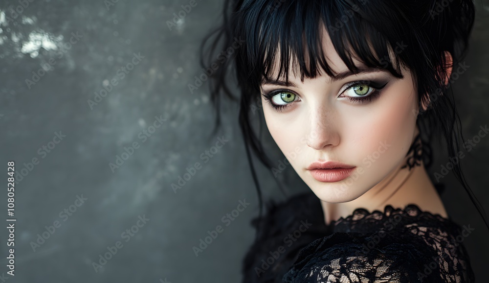 Portrait of an adult woman with black hair and green eyes, wearing gothic , looking at the camera, front view, studio photography. Portrait of an adult woman with black hair and green eyes, wearing gothic , looking at the camera, front view, studio photography.