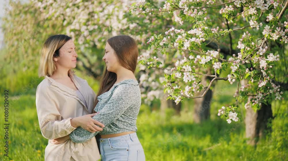 Portrait of a caucasian successful young woman with her teenage daughter standing in a blooming apple orchard and smiling looking at the camera Portrait of a caucasian successful young woman with her teenage daughter standing in a blooming apple orchard and smiling looking at the camera