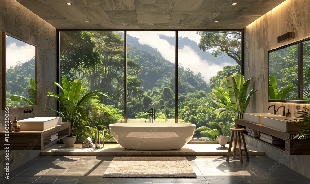 Large spa bathroom with a freestanding tub, nature views, and luxurious fixtures, 4K hyperrealistic photo Large spa bathroom with a freestanding tub, nature views, and luxurious fixtures, 4K hyperrealistic photo