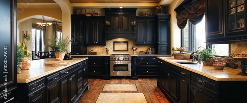 Black Kitchen with Island and Stainless Steel Oven