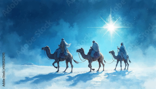 Christmas banner, Three wise men traveling on camels toward a bright star in a serene winter night landscape