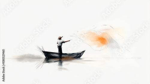 Pencil sketch outline of a fisherman throwing a net at lake sea photo