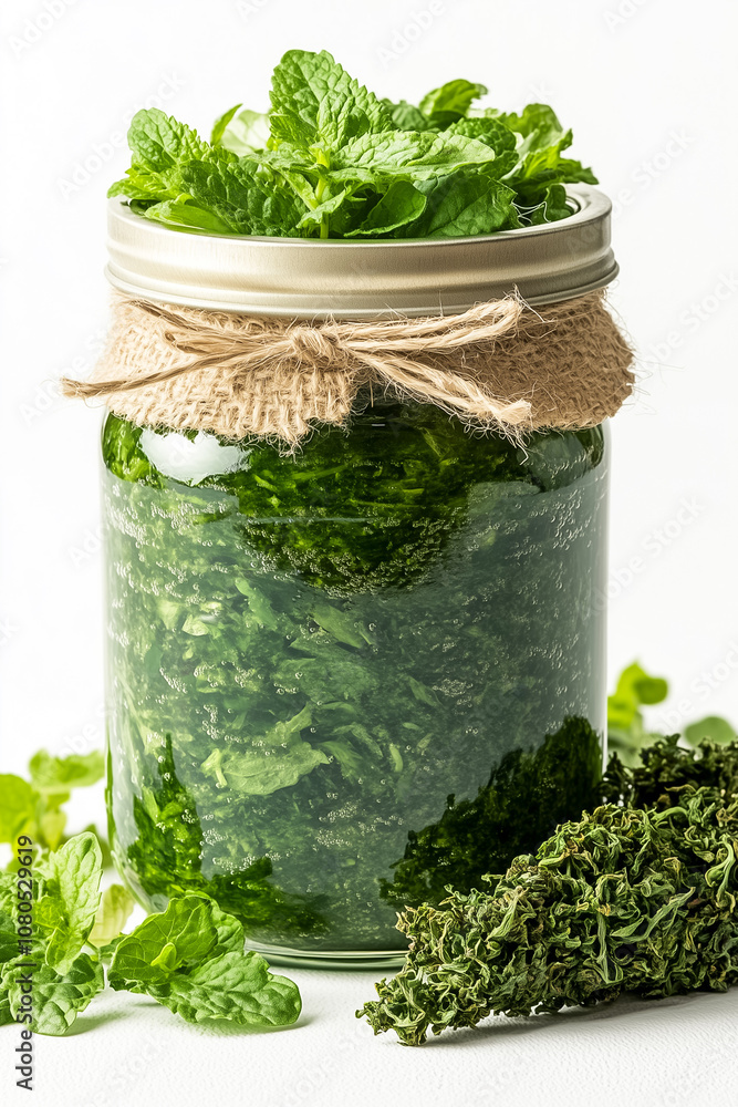 Fresh mint leaves are packed in a jar while dried herbs rest on the table, creating a vibrant display of greens Fresh mint leaves are packed in a jar while dried herbs rest on the table, creating a vibrant display of greens