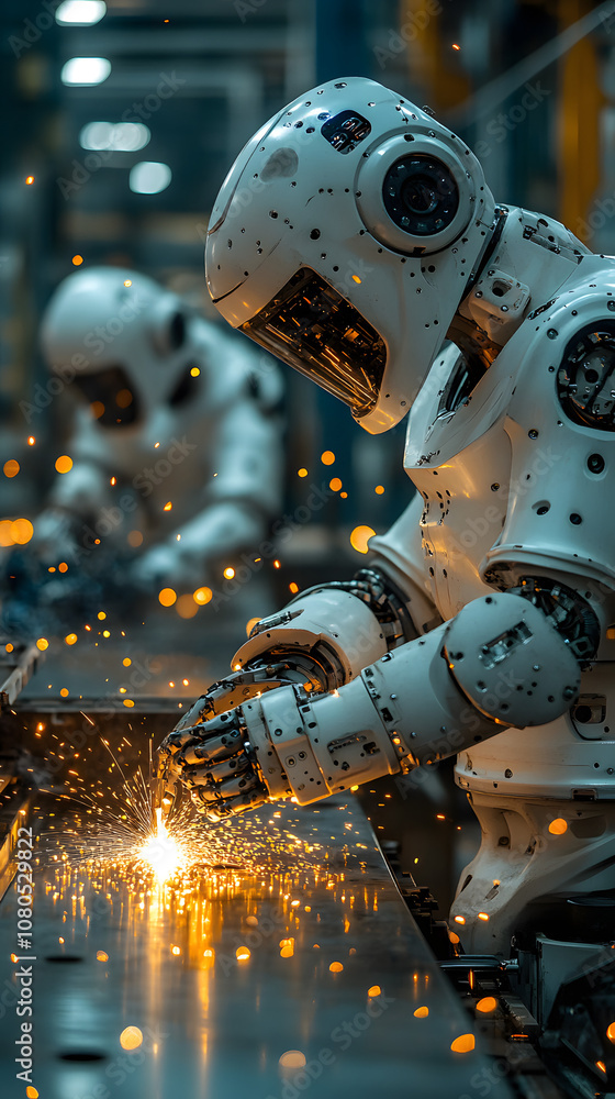 A robotic arm welding on an industrial table with sparks flying, showcasing modern manufacturing technology.
A robotic arm welding on an industrial table with sparks flying, showcasing modern manufacturing technology.