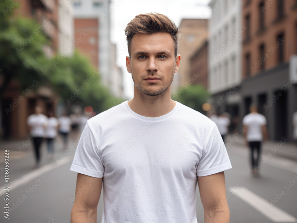 A Man standing on the street wear a plain White T-Shirt A Man standing on the street wear a plain White T-Shirt
