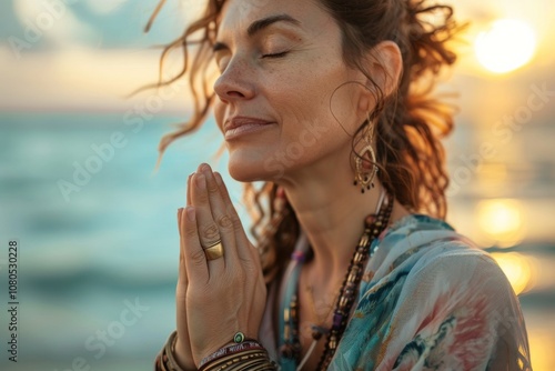 Immerse yourself in a peaceful beach sunrise yoga practice for inner peace and mindfulness. Commune with nature for tranquility and wellbeing, connecting deeply with your surroundings photo