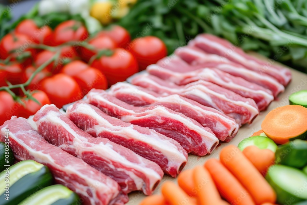 Market Display of Marbled Pork Ribs Surrounded by Veggies Market Display of Marbled Pork Ribs Surrounded by Veggies