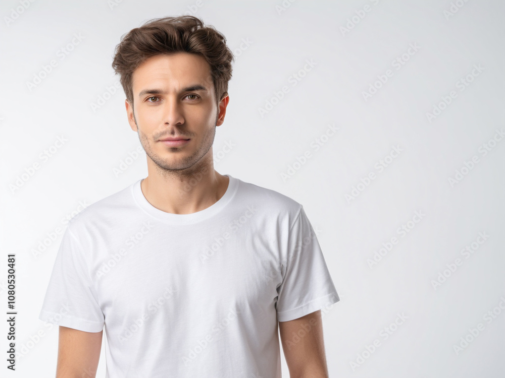 Fototapeta premium Man wear a plain White T-Shirt Isolated with White Background